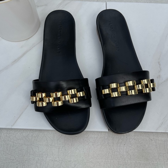 Veronica Beard ENI black Chain-Trimmed Leather Slides Gold hardware size 7 - Picture 4 of 14